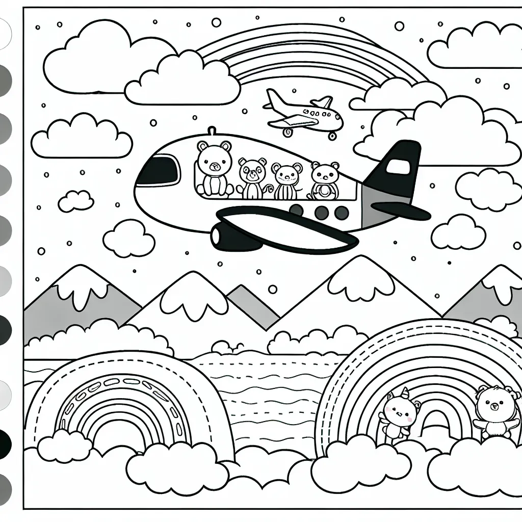 Dessine un avion qui transporte des animaux à travers les nuages, avec des montagnes et des arc-en-ciel en arrière-plan.