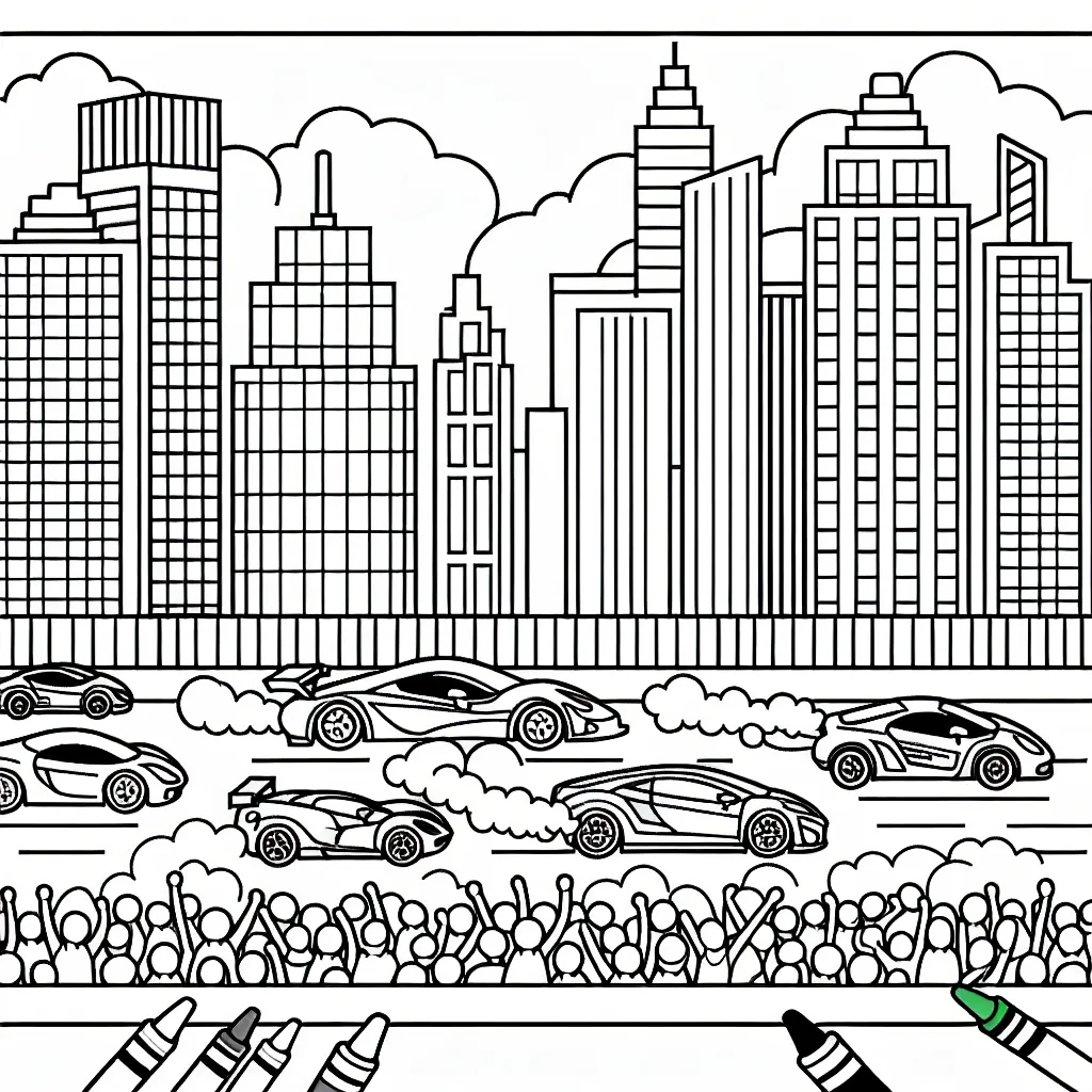 Dessine une course palpitante de voitures de sport à travers une ville animée, avec des voitures colorées, des gratte-ciel et une foule enthousiaste.