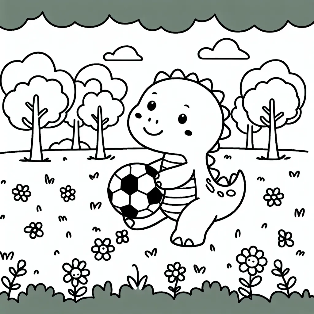 Dessine un adorable dinosaure jouant avec un ballon de football dans un parc rempli d'arbres et de fleurs