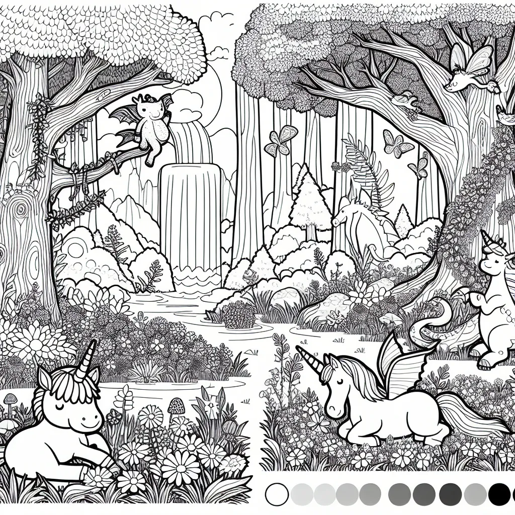 Imagine une grande forêt enchantée peuplée d'animaux fantastiques. Dessine une licorne amicale prenant son déjeuner sur un champ de fleurs, un dragon faisant la sieste sous un arbre imposant, et des fées dansant joyeusement près d'une cascade.