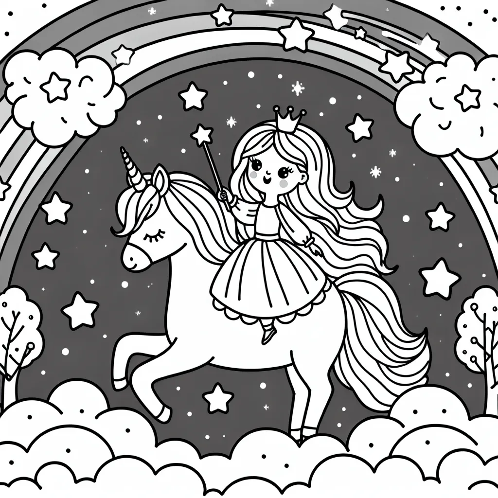 Une princesse chevauche un licorne magique sous une pluie d'étoiles filantes dans un royaume de rêve