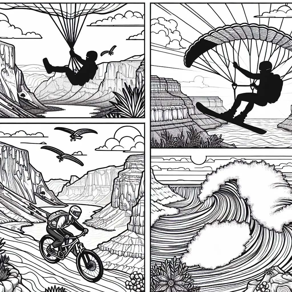 Imagine un coloriage mettant en scène un skieur fougueux sautant au-dessus du Grand Canyon, avec un parapentiste audacieux survolant l'océan agité, un surfeur défiant une énorme vague et un cycliste accomplissant un parcours extrême de montagne.