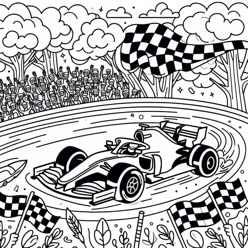 Dessine une voiture de course flamboyante filant à pleine vitesse sur un circuit animé, avec des arbres, des gradins remplis de spectateurs et des drapeaux flottants.