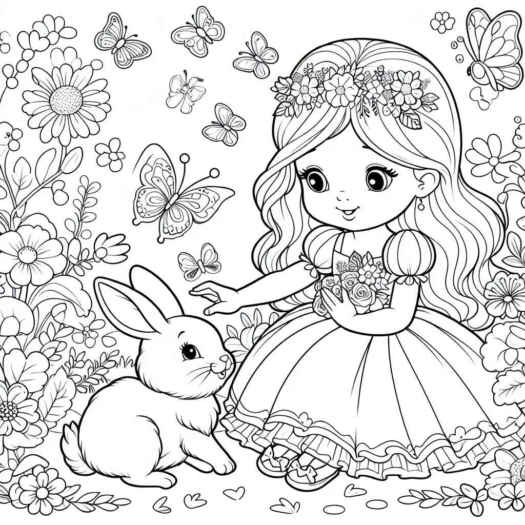 Une jeune princesse charmante dans son magnifique jardin de fleurs rempli de papillons colorés, jouant avec son adorable lapin rose