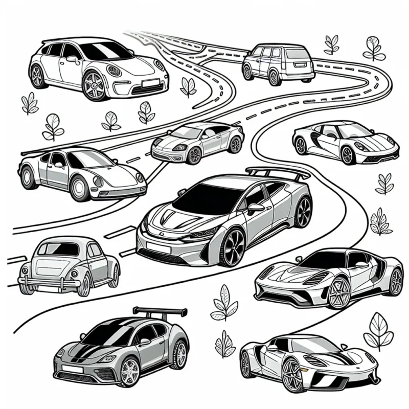 Plein de modèles de voitures emblématiques de diverses marques sont présentés sur une grande route détaillée. Les marques de voitures comprennent Tesla, BMW, Mercedes, Renault et Peugeot.