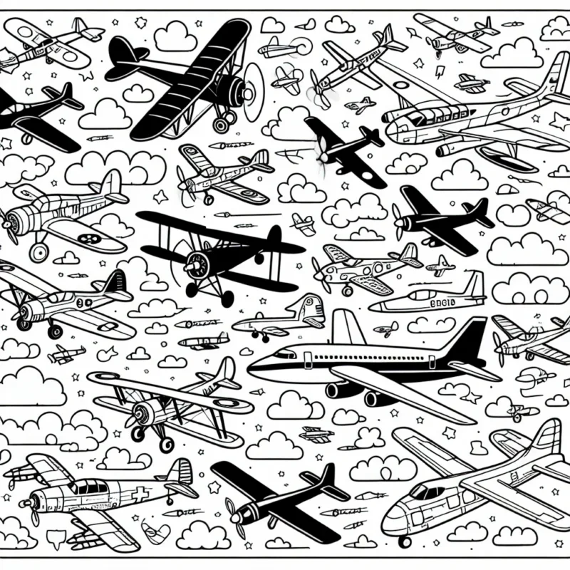 Un ciel plein d'avions de différents types - du biplan classique au jet supersonique, en passant par l'hélicoptère