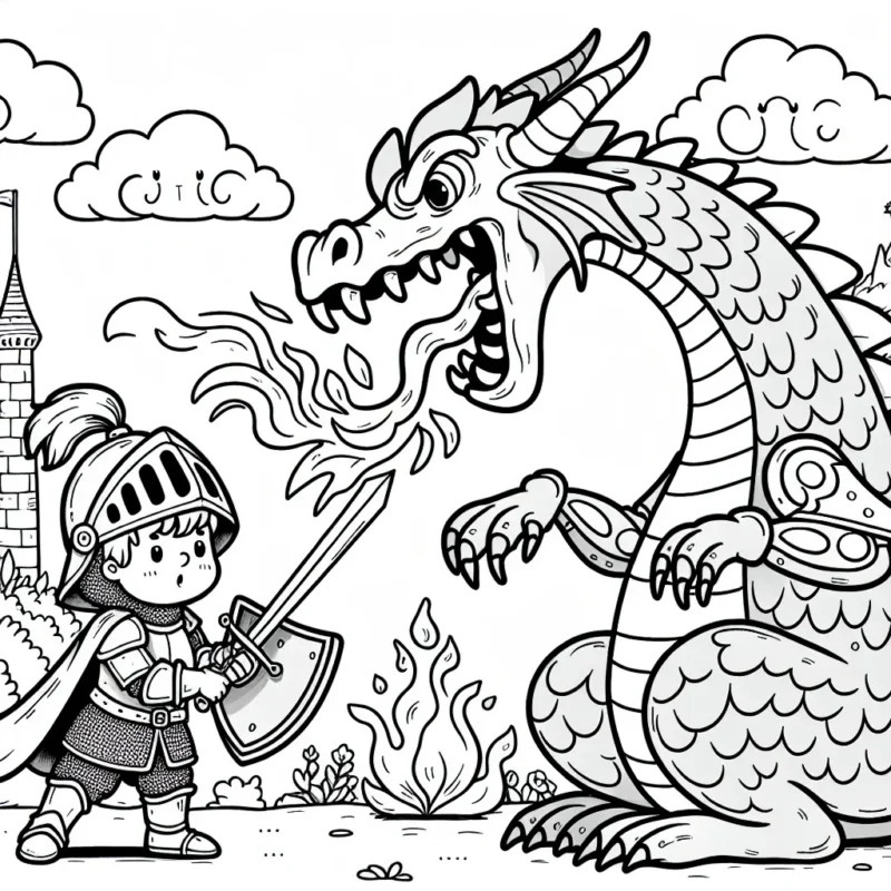 Sur cette image, nous avez un jeune chevalier courageux qui est prêt à affronter un grand dragon cracheur de feu. Il est doté d'une armure, une grande épée et un bouclier. Le dragon fait peur mais le chevalier reste inébranlable et montre son courage. De plus, il y a beaucoup d'éléments autour comme un château médiéval, de jolis nuages dans le ciel, et un paysage magnifique.