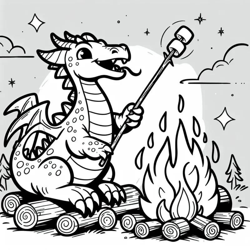 Un dragon qui fait cuire des marshmallows sur un feu de camp