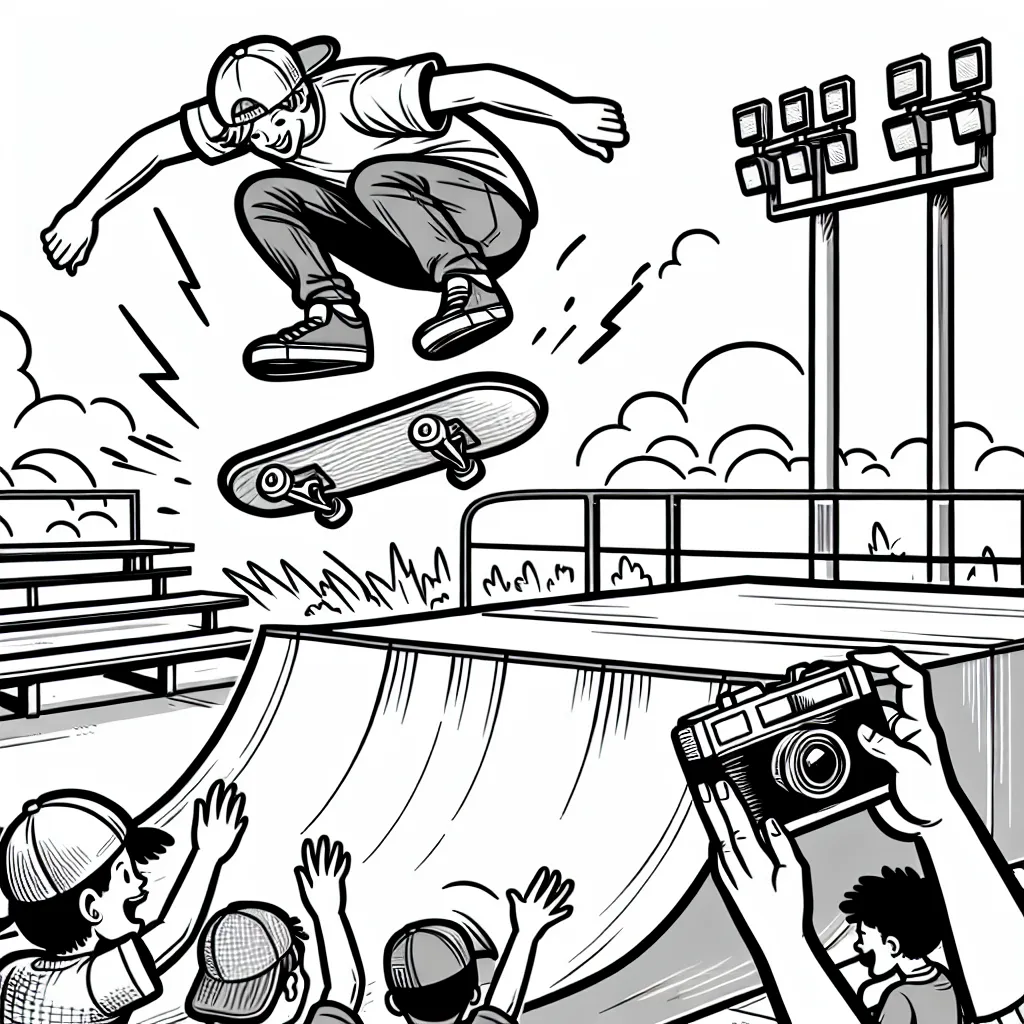 Dessine un skateur qui fait une pirouette dans le ciel, au-dessus d'une grande rampe dans un parc à skate. Et n'oublie pas d'ajouter de l'action à la scène en dessinant ses amis qui l'encouragent et applaudissent. Tu peux aussi leur donner des appareils photos pour qu'ils prennent des photos de ce moment excitant.