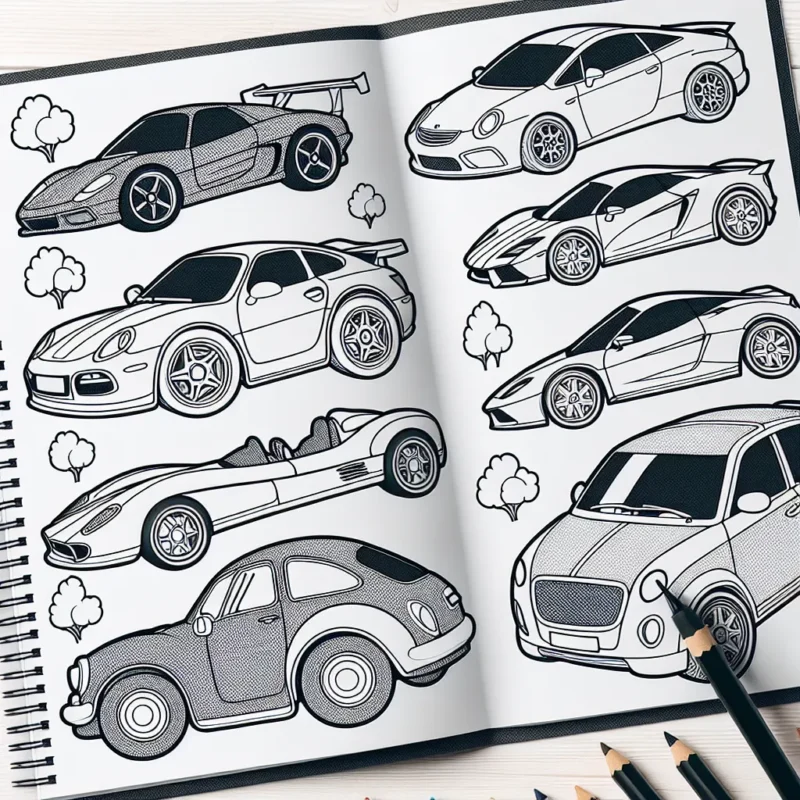 Un cahier grand format rempli de diverses marques de voitures attend impatiemment d'être coloré. Chaque page représente une marque différente, de Porsche à Peugeot, de Ferrari à Ford. Le contour précis de chaque voiture te permet de colorer à la fois l'intérieur et l'extérieur.