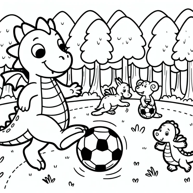 Un dragon amical jouant au football avec des amis animaux dans la forêt