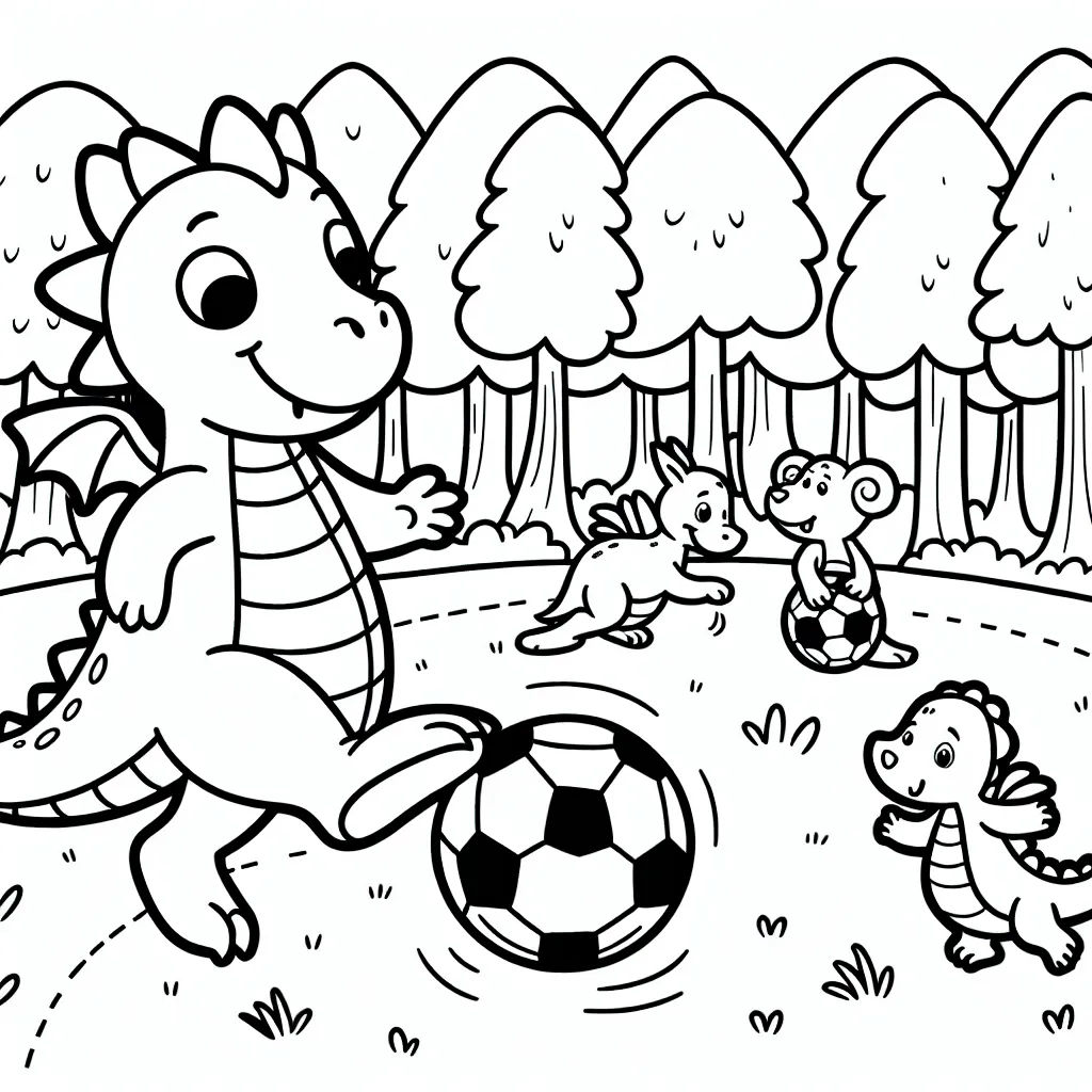 Un dragon amical jouant au football avec des amis animaux dans la forêt