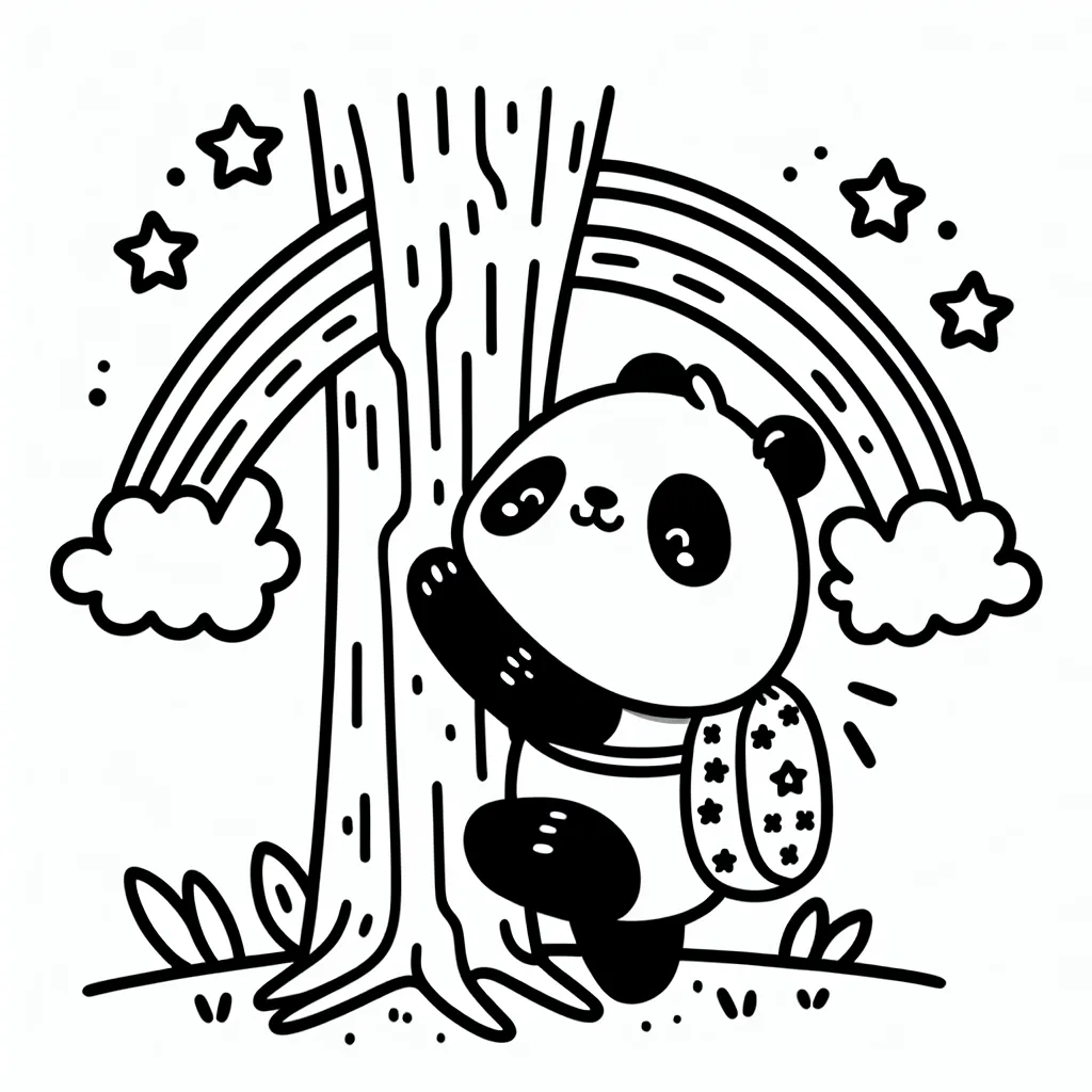 Un petit panda qui essaie de grimper à un arc-en-ciel en prenant appui sur un tronc d'arbre avec un sac à dos rempli d'étoiles