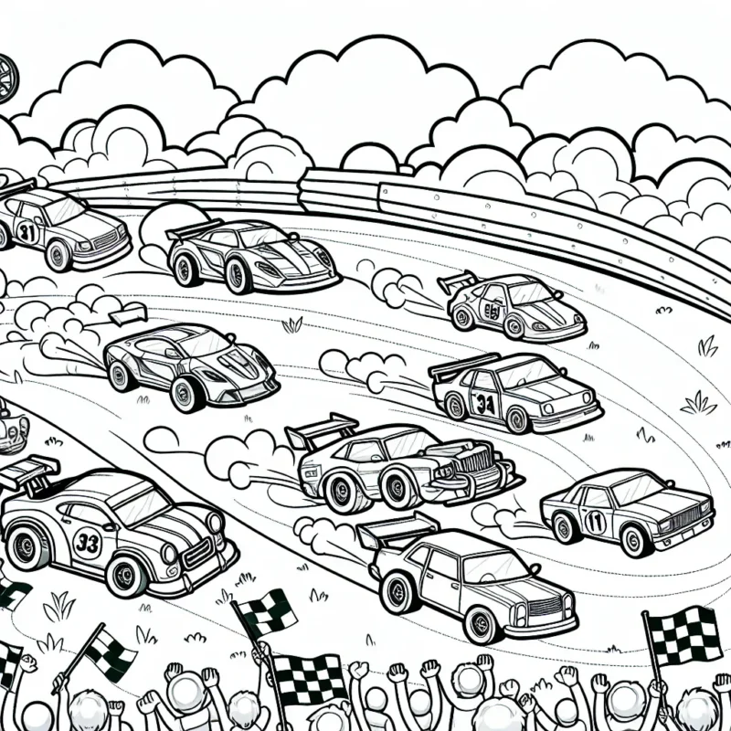 Dessine une course de voitures pleine d'action avec différentes marques et modèles impliqués. N'oublie pas d'ajouter des détails comme les spectateurs et le paysage environnant.