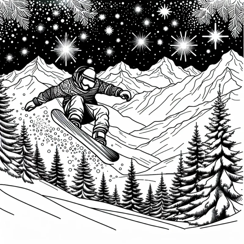 Dessine un athlète faisant du snowboard freestyle dans les montagnes en hiver avec des arbres enneigés et un ciel étoilé.