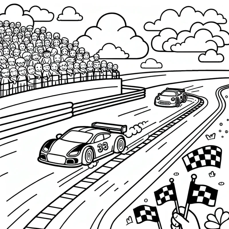 Dessine une voiture de course rapide dans la ligne droite d'un circuit, avec une foule de supporters à l'arrière-plan et d'autres voitures suivant de près.