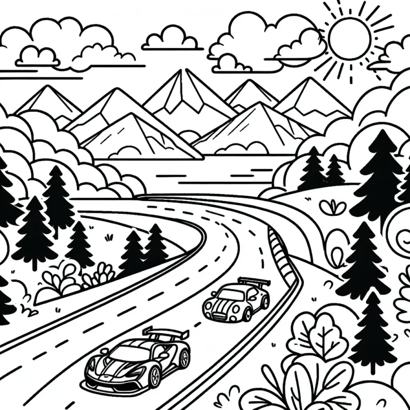 Dessine une course de voitures de sport divertissante sur une route sinueuse remplie de belles scènes de nature avec des montagnes, nuages, soleil et arbres autour