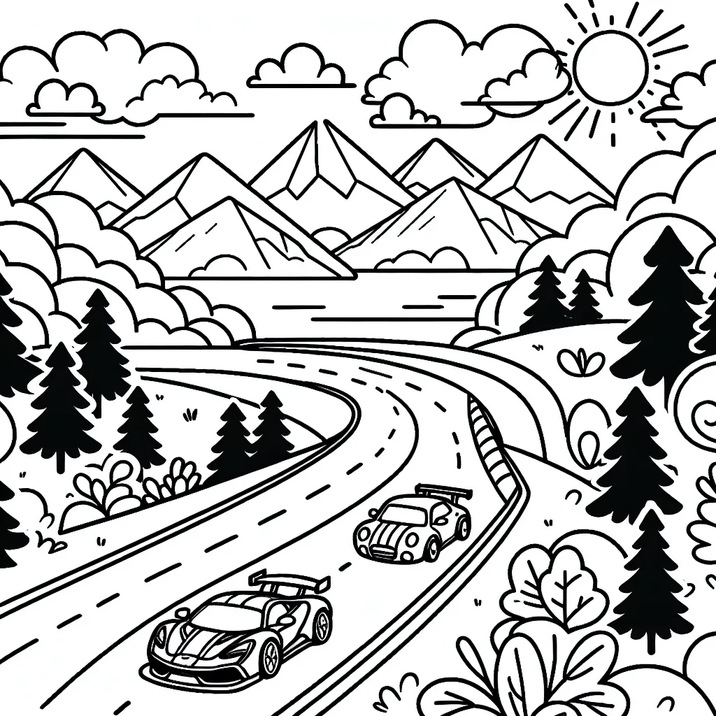 Dessine une course de voitures de sport divertissante sur une route sinueuse remplie de belles scènes de nature avec des montagnes, nuages, soleil et arbres autour