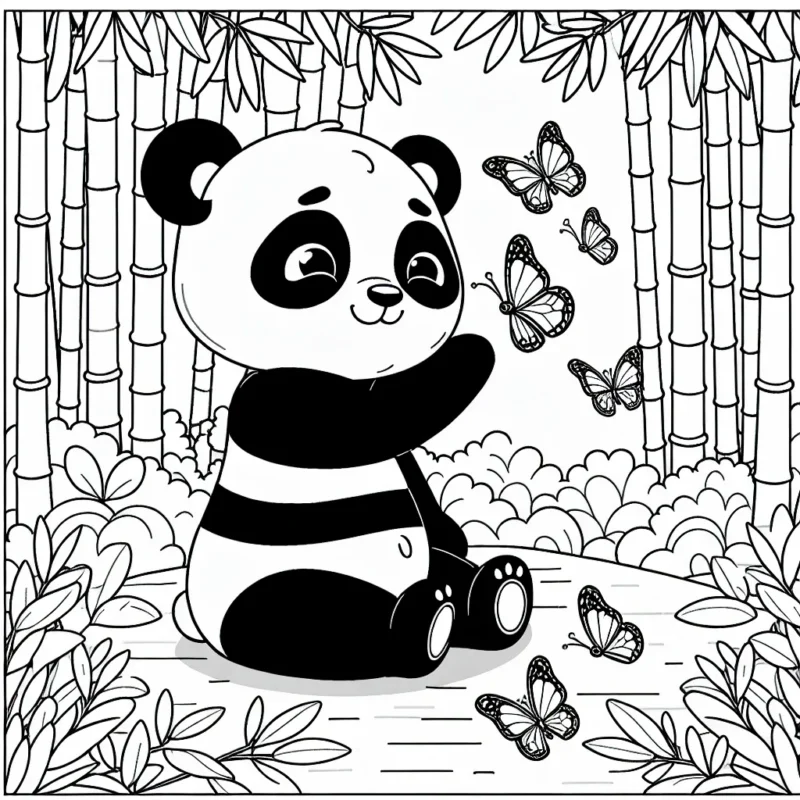 Dessinez un adorable panda qui joue avec des papillons multicolores en plein milieu d'une belle forêt de bambou