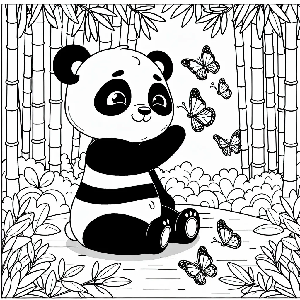 Dessinez un adorable panda qui joue avec des papillons multicolores en plein milieu d'une belle forêt de bambou