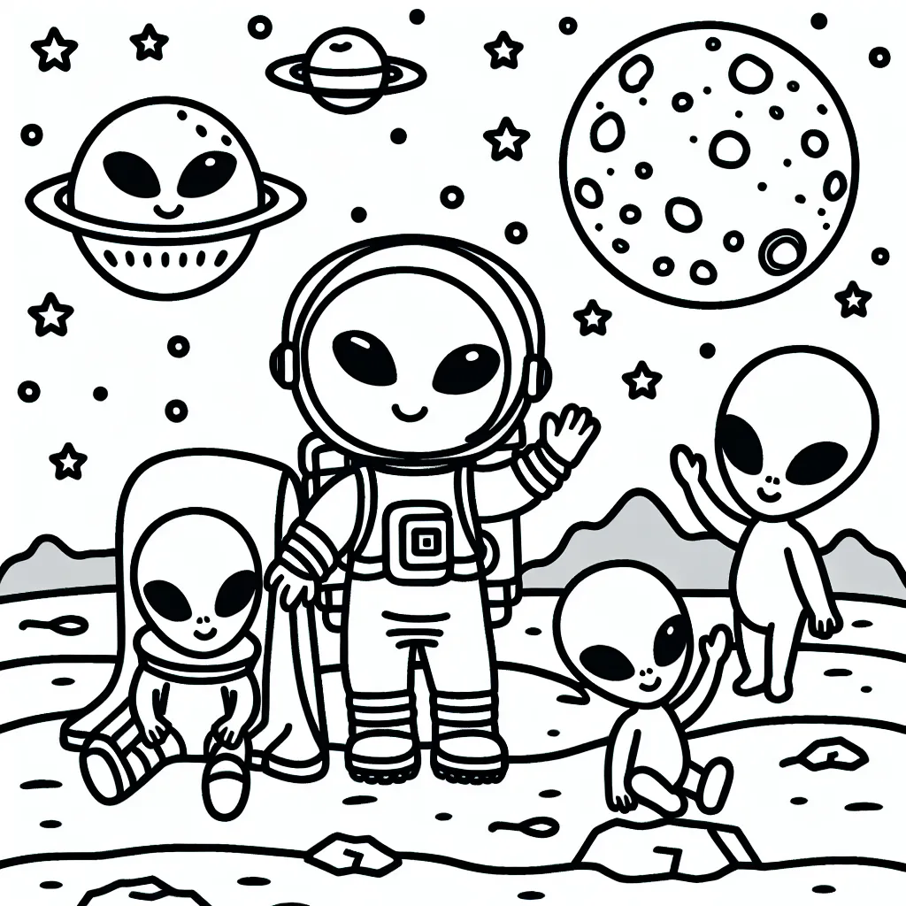 Un astronaute sur la lune avec des extraterrestres amicaux