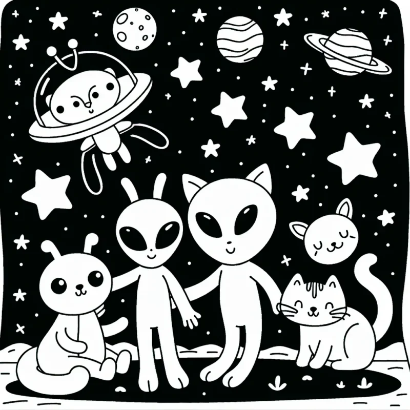 Un extraterrestre sympathique jouant avec des animaux dans un champ d'étoiles