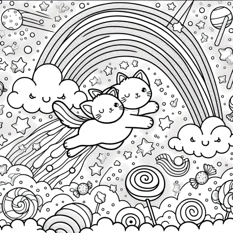 Dans ce dessin magique, tu découvriras un adorable chaton volant à travers un ciel de bonbons. Prépare-toi à colorier un monde féérique, rempli d'arcs-en-ciel sucrés et de météores en forme de friandises. Ne perds pas ton chaton des yeux, il t'emmènera vers des étoiles glacées et des nuages en barbe à papa. Tous ces éléments ensemble, donnent vie à une scène fantastique qui ne demande que ton talent pour se réveiller avec des couleurs!