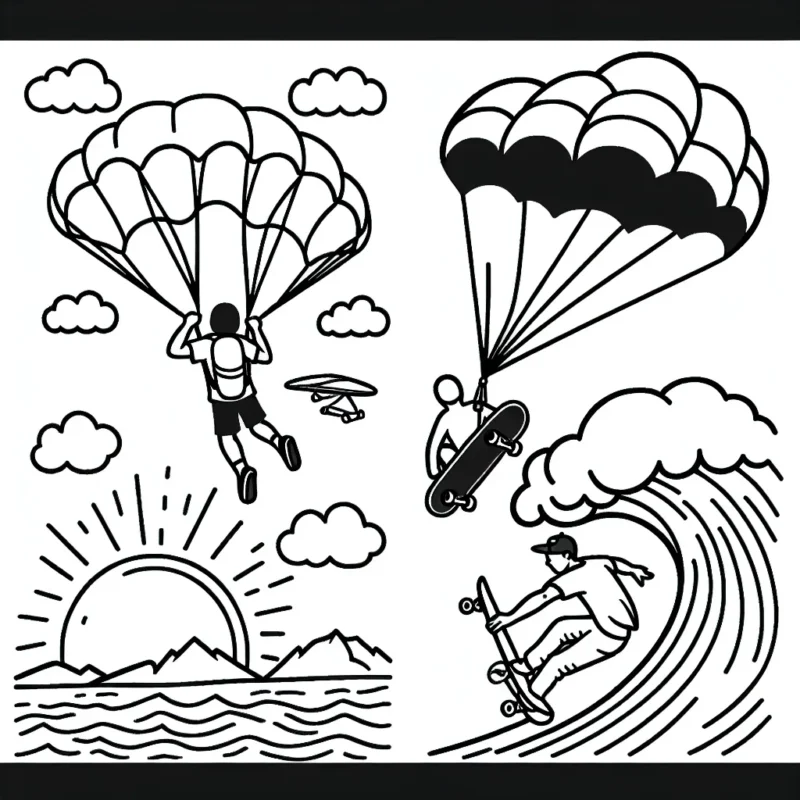 Dessine un parachutiste qui évolue dans le ciel bleu parsemé de nuages, un skateboardeur qui réalise un trick impressionnant sur une rampe et un surfeur qui domine une vague gigantesque.