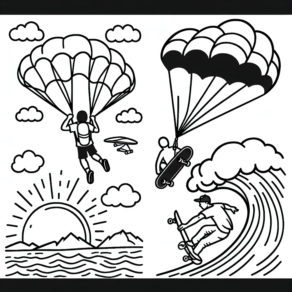 Dessine un parachutiste qui évolue dans le ciel bleu parsemé de nuages, un skateboardeur qui réalise un trick impressionnant sur une rampe et un surfeur qui domine une vague gigantesque.