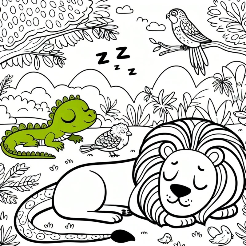 Dans la jungle avec un petit saurien vert, un lion somnolent et des oiseaux aux plumes colorées.