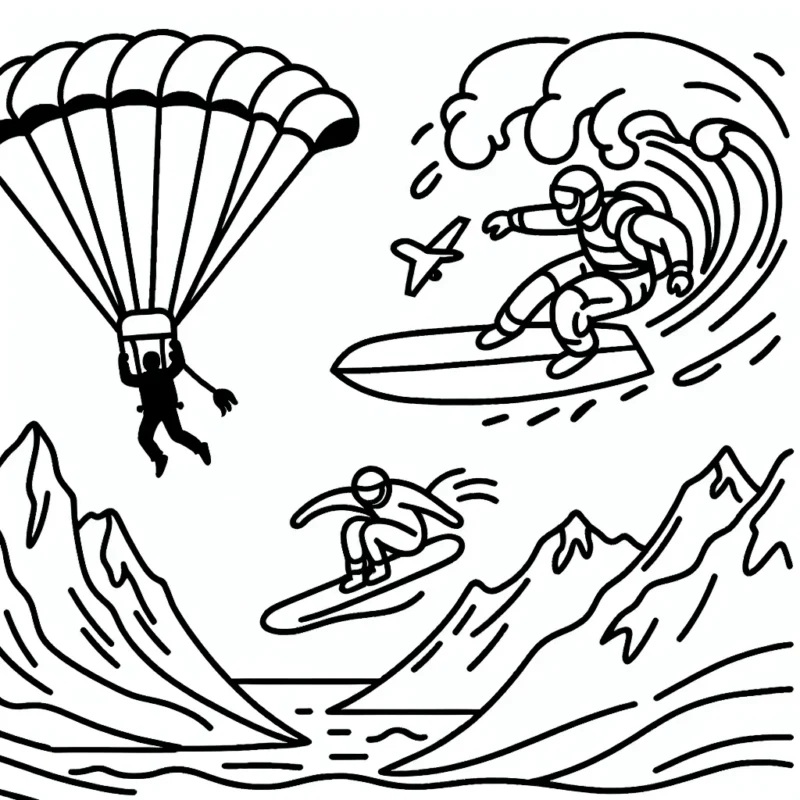 Dessine un parachutiste en pleine chute libre, un surfeur sur une énorme vague et un snowboardeur dévalant une montagne escarpée.