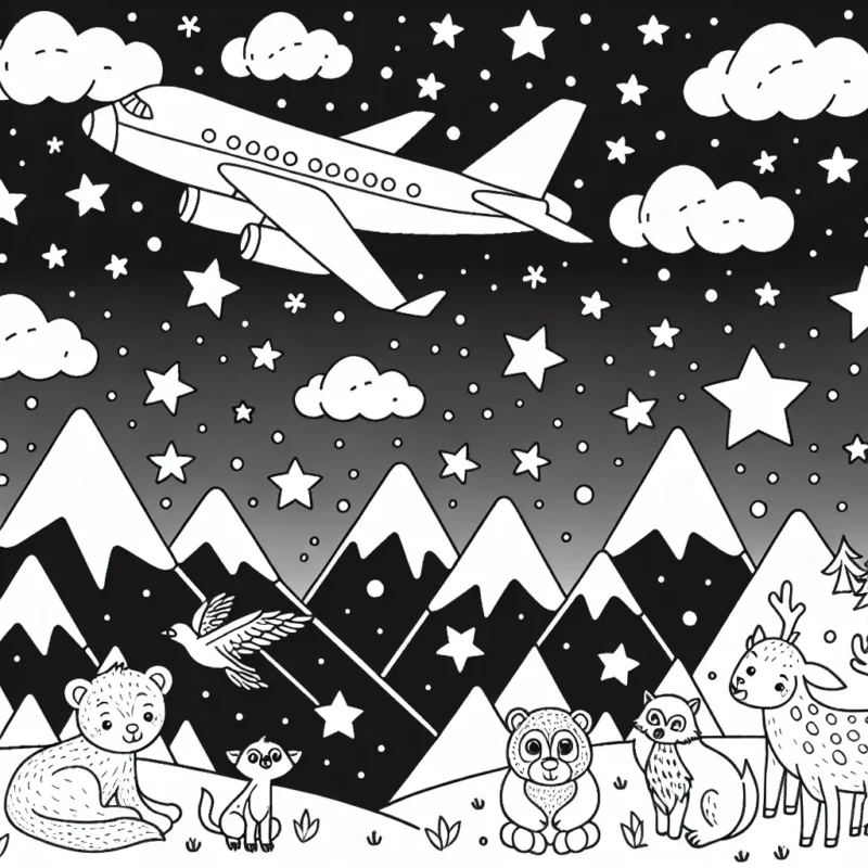 Dessine un avion dans le ciel étoilé survolant les montagnes avec des animaux qui le regarde