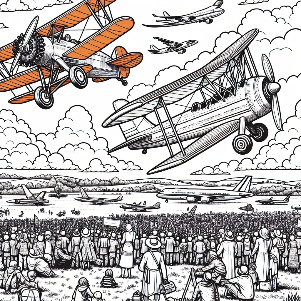 Un dessin représentant un spectacle aérien avec plusieurs types d'avions dans le ciel bleu du milieu de journée, plus précisément : un biplan de couleur orange, un jet moderne de couleur gris, et un avion de ligne commercial de grand taille de couleur blanc. Le ciel est rempli de fluffig nuages blancs, et au sol, on peut voir une foule de gens regardant le spectacle, des collines verdoyantes et des arbres dans le lointain.