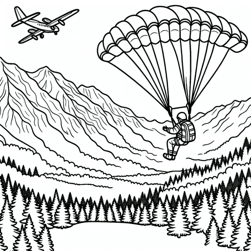 Dessine un parachutiste s'élançant d'un avion, avec des montagnes enneigées en arrière-plan et une forêt dense juste en dessous de lui.