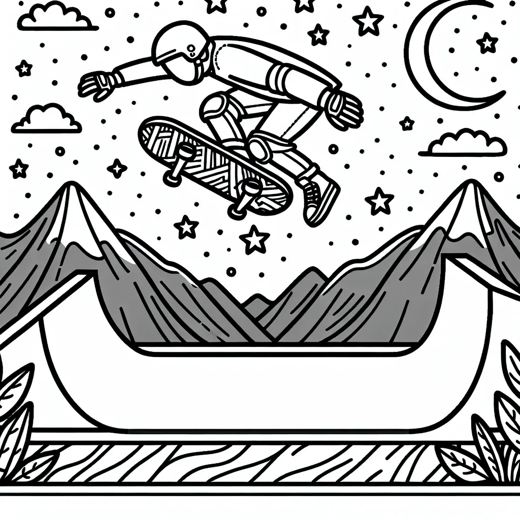 Dessine un skateur en plein saut au-dessus d'une grande rampe, avec des montagnes et un ciel étoilé en arrière-plan. Ajoute des détails comme un casque et des protections pour montrer l'importance de la sécurité dans les sports extrêmes.