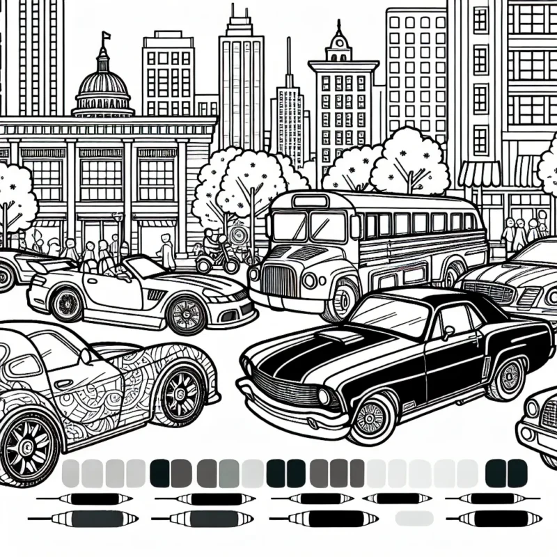 Dessine la marque de ta voiture préférée en te basant sur les contours symboliques et remplis de couleurs. Les voitures sont garées dans une scène urbaine animée avec des bâtiments, des arbres et des gens. Inspiration : Volkswagen, BMW, Mercedes, Audi, Ferrari, Lamborghini, etc.