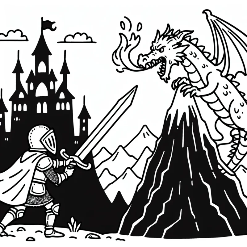 Un chevalier vaillant dressant son épée contre un dragon crachant du feu au sommet d'une montagne pointue, avec un château à l'arrière-plan.