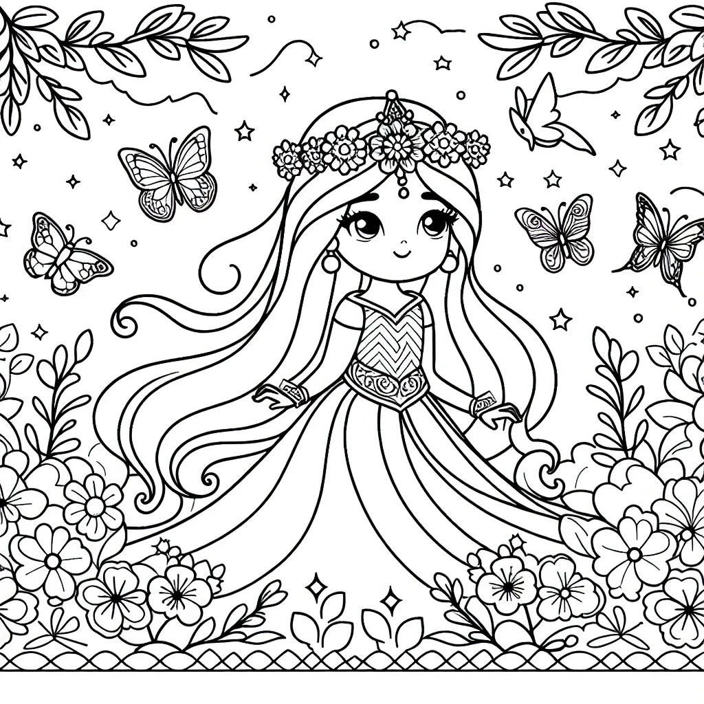 Dessine une magnifique princesse magique dans un jardin féérique avec des papillons et des fleurs chatoyantes.