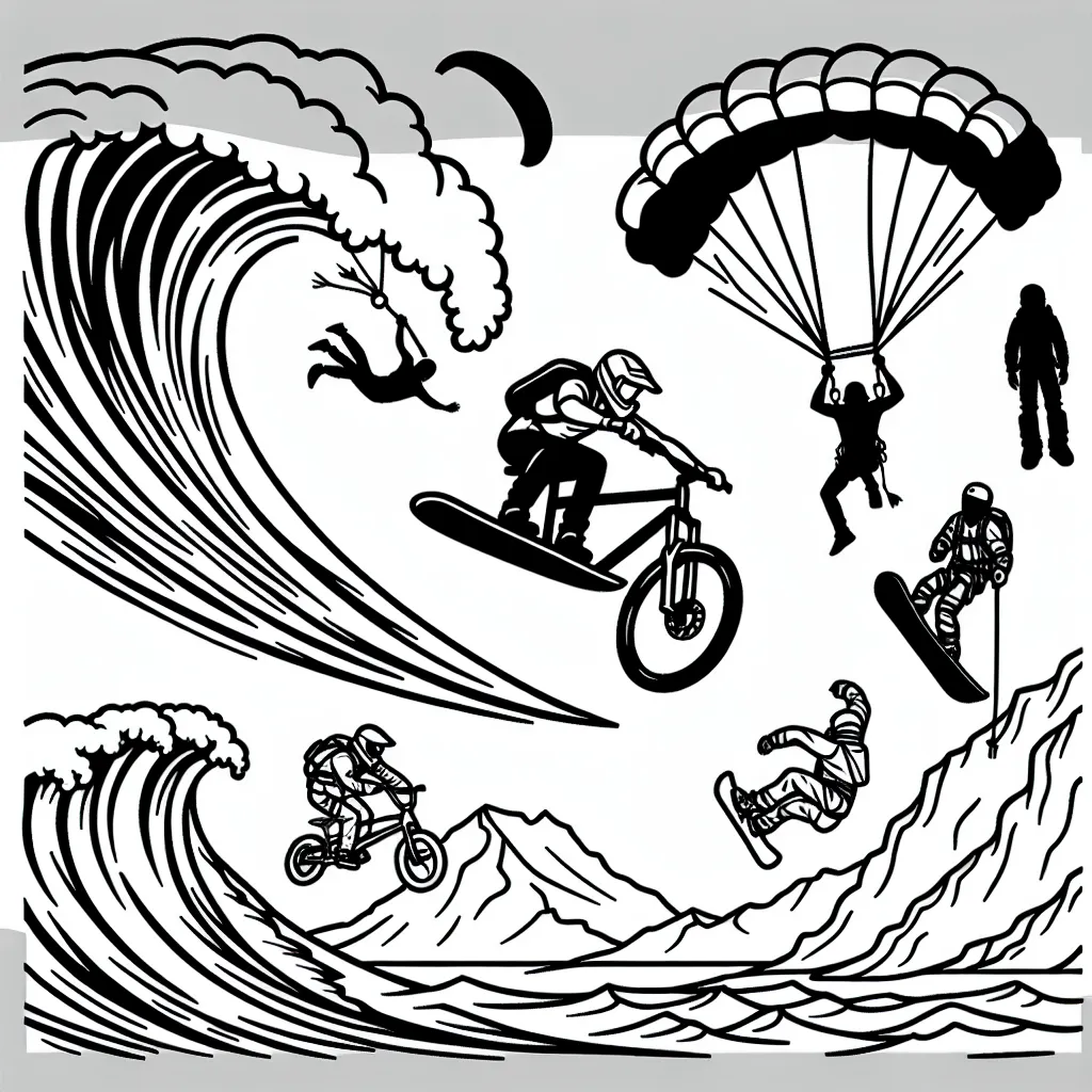 Sur cette page à colorier, on trouve des surfeurs qui essaient de dompter de grandes vagues, des parachutistes en plein vol et des snowboarders qui exécutent des figures spectaculaires. Nous voyons aussi des athlètes de BMX effectuant des virages aériens et des grimpeurs se balançant de roche en roche.