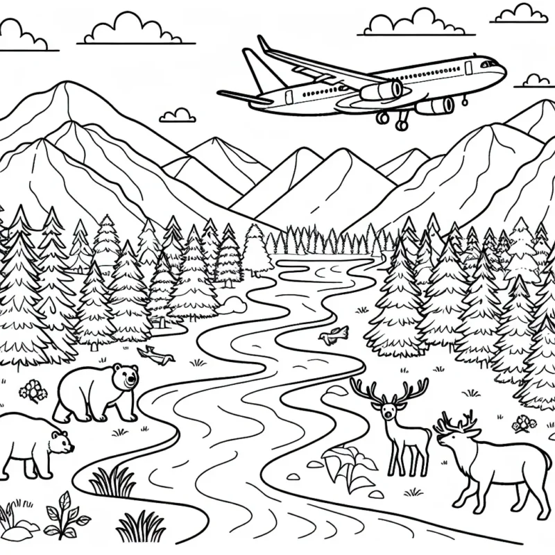 Un avion survolant un paysage naturel composé de grandes montagnes et de rivières sinueuses, avec des animaux sauvages comme des ours et des cerfs dans la forêt en dessous.