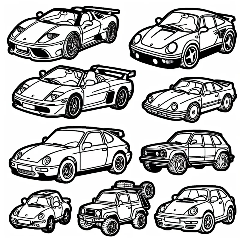 Dessine et colore différentes marques de voitures du monde entier. Tu pourras y retrouver des modèles de Ferrari, BMW, Mercedes, Peugeot, Toyota et bien plus encore.