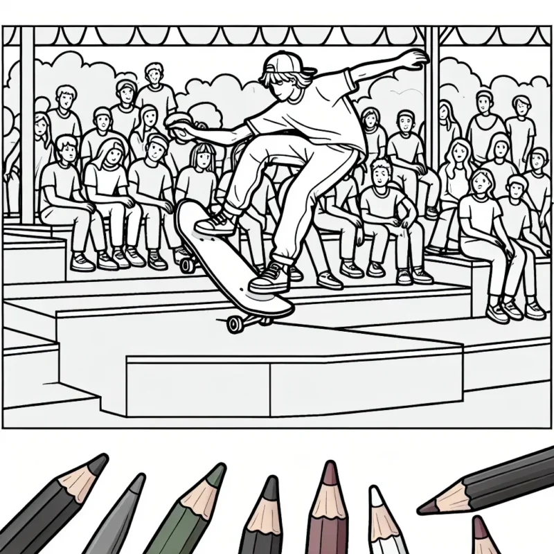 Draw a scene of a skateboarder performing stunts in a skate park, with spectators watching in amazement. Add vibrant colors to bring this exciting moment to life!