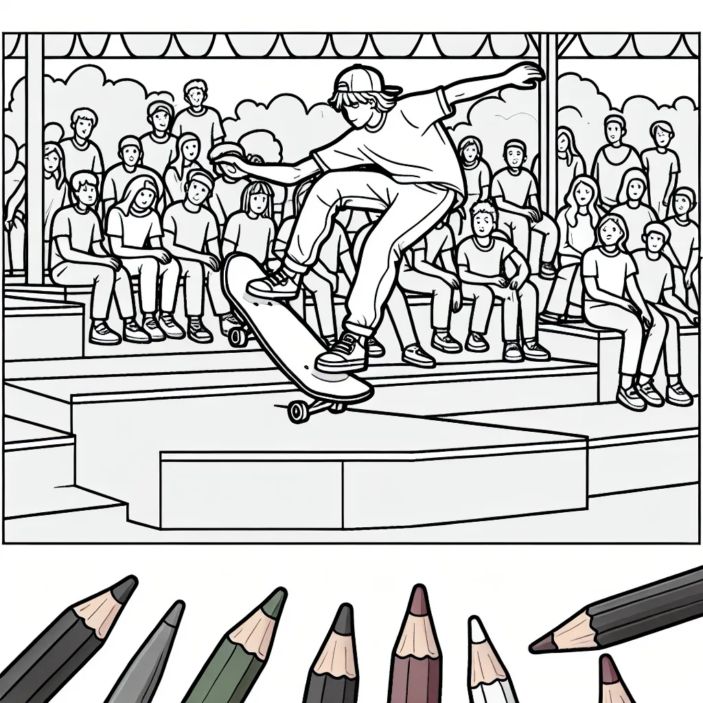 Draw a scene of a skateboarder performing stunts in a skate park, with spectators watching in amazement. Add vibrant colors to bring this exciting moment to life!