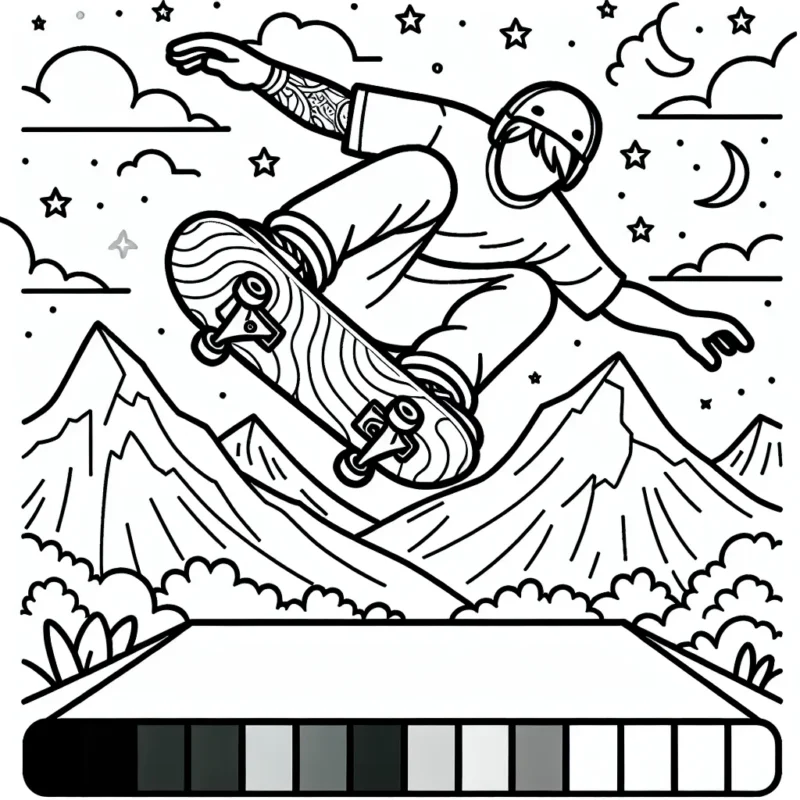 Dessine et colore une scène dynamique d'un skateur effectuant une figure acrobatique sur une rampe, avec un paysage de montagnes en arrière-plan.