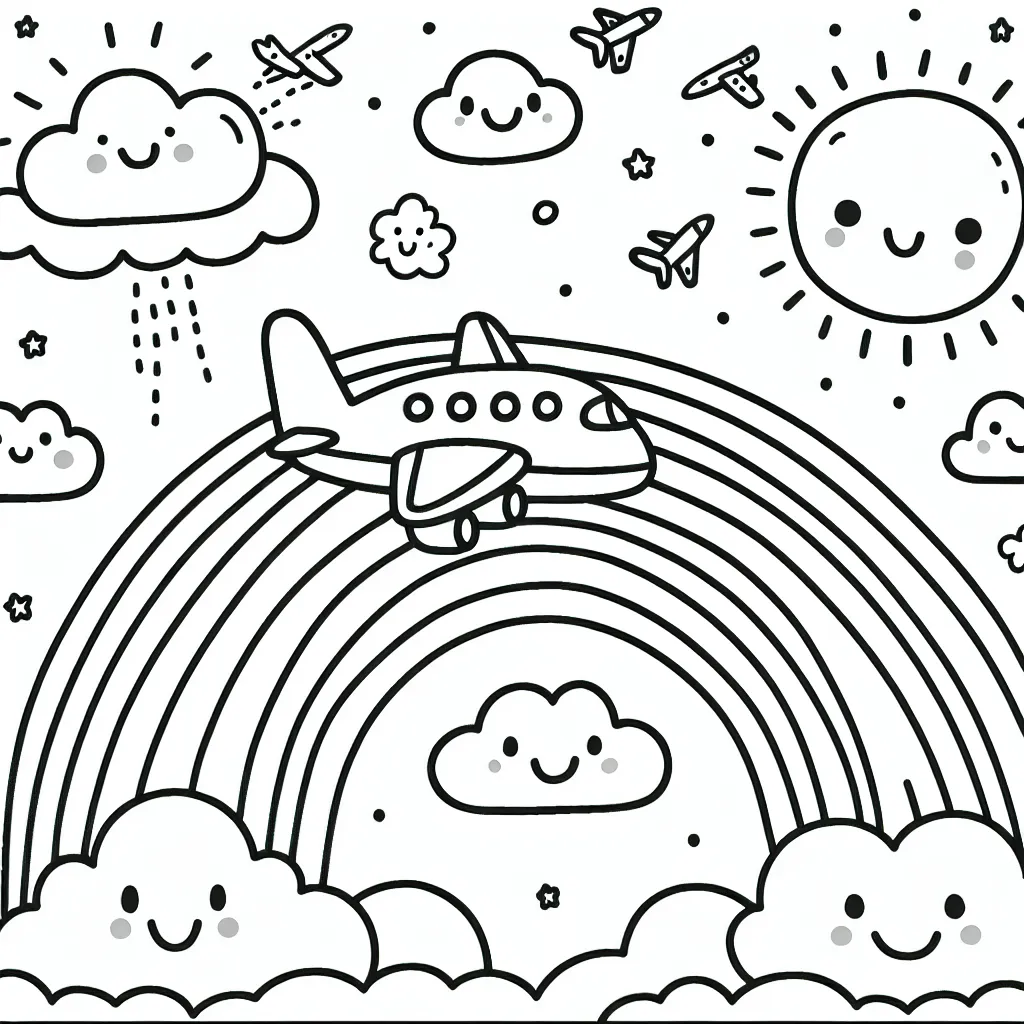 Un avion est en train de voler haut dans le ciel, traversant un arc-en-ciel. Il y a des nuages tout autour, certains ont des visages souriants. Il y a également d'autres petits avions dans le ciel et un soleil souriant les regarde tous.