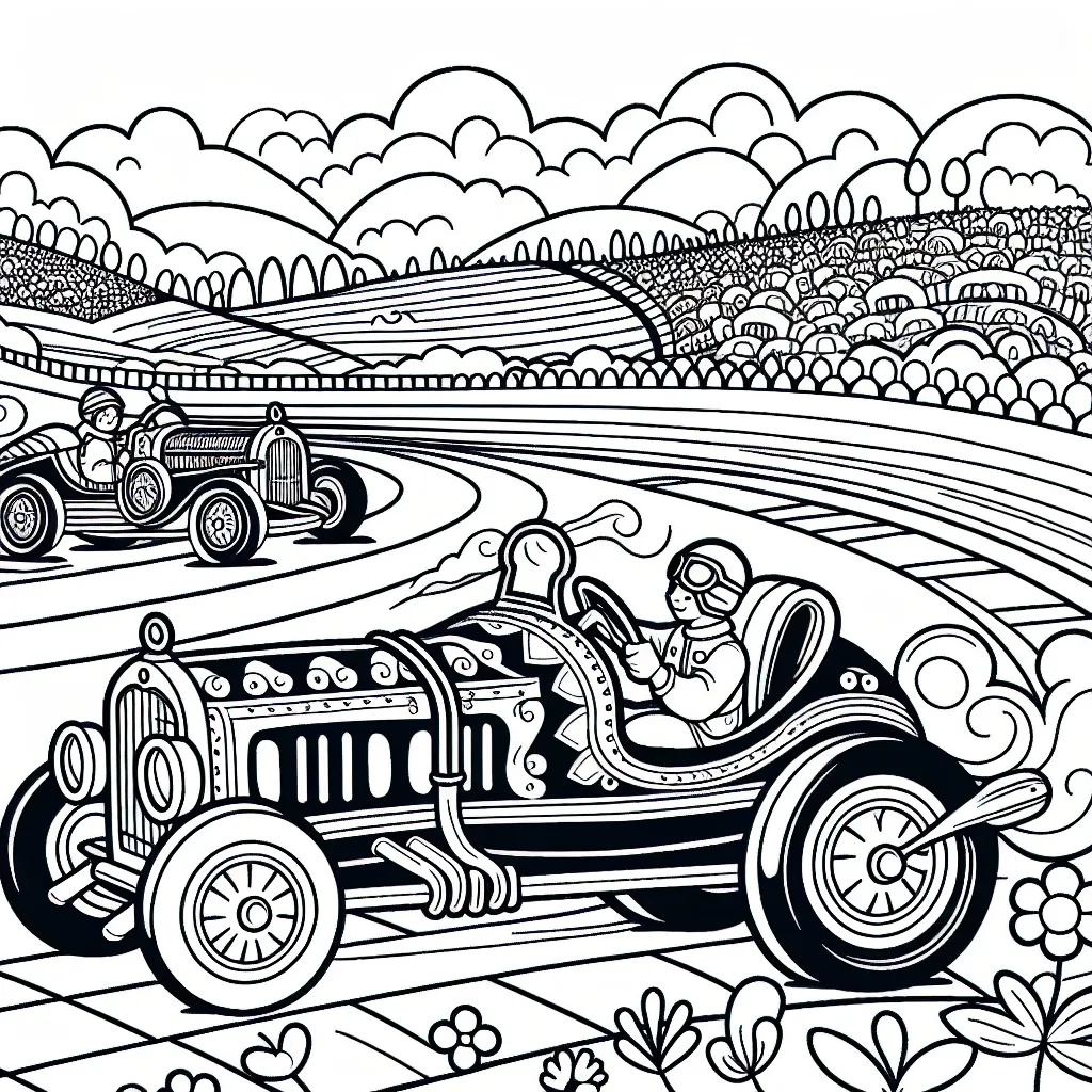 Dessin détaillé d'une course effrénée de voitures vintage sur un circuit animé.