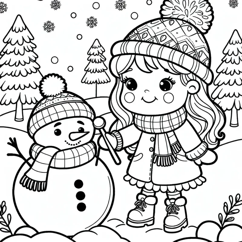 Créer un dessin d'une petite fille vêtue de vêtements d'hiver, jouant avec un bonhomme de neige souriant dans un parc enneigé.