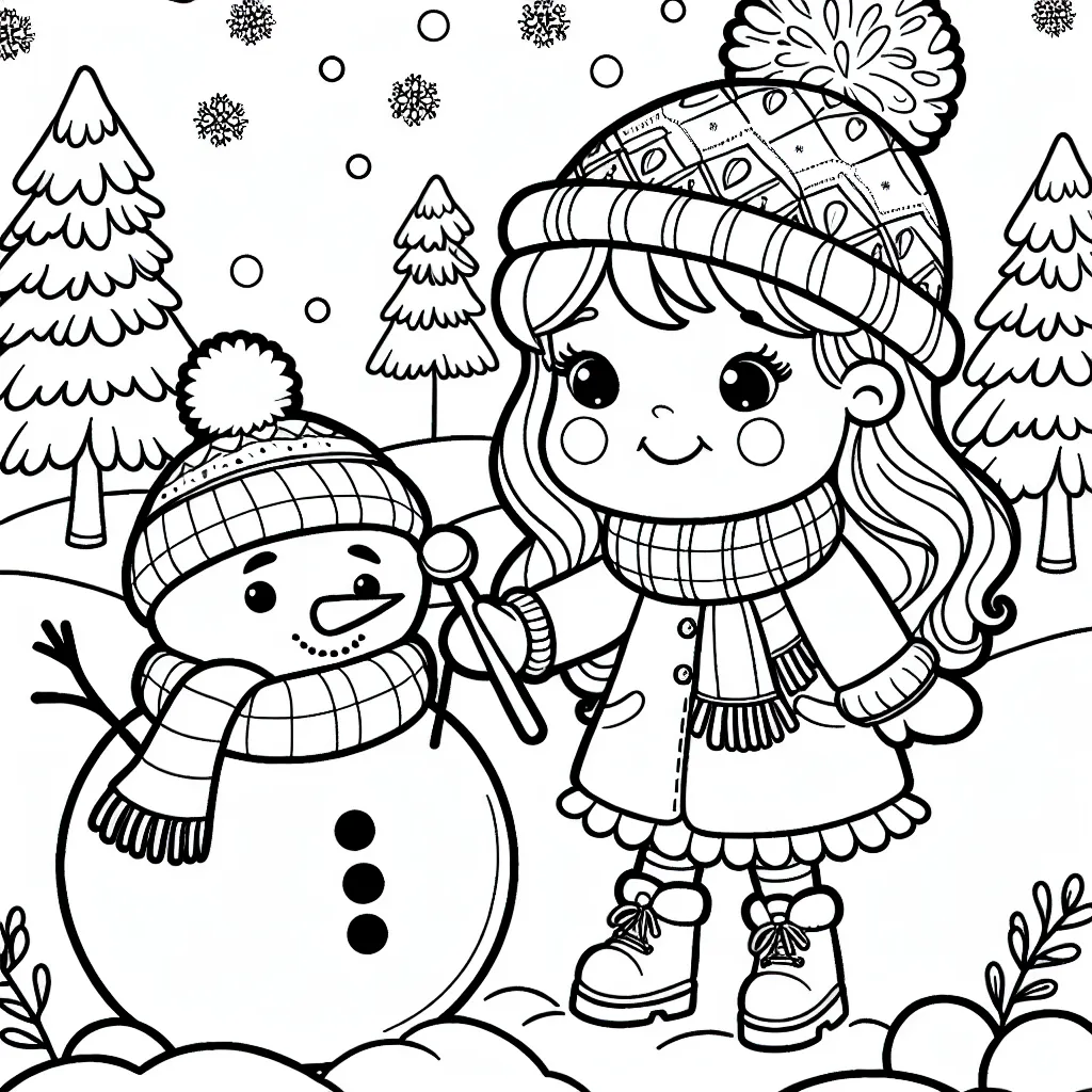 Créer un dessin d'une petite fille vêtue de vêtements d'hiver, jouant avec un bonhomme de neige souriant dans un parc enneigé.