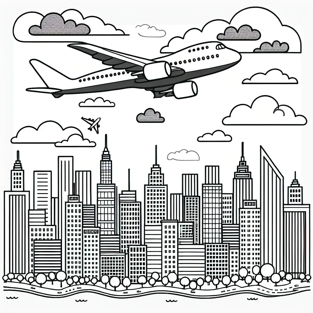 Dessine un paysage aérien peuplé d'un grand avion à passagers survolant une ville aux nombreux gratte-ciel!