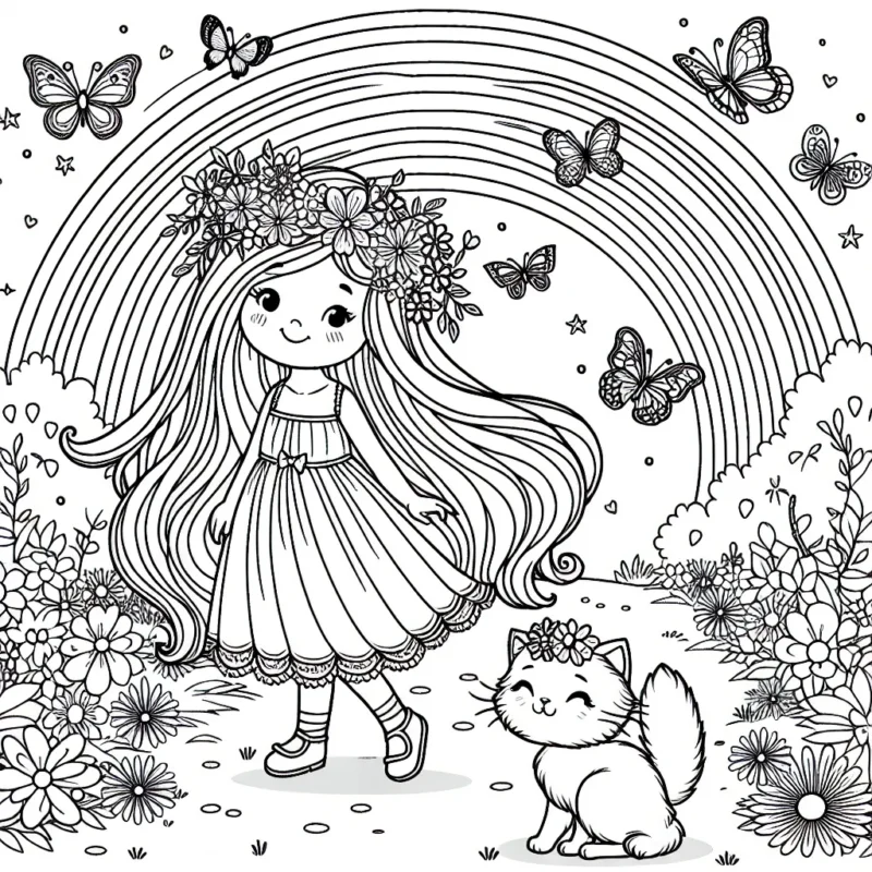 Une petite princesse aux cheveux longs se promène dans un magnifique jardin féerique, entourée de papillons multicolores. Elle est accompagnée de son fidèle chat qui porte une couronne de fleurs sur sa tête. Ils sont tous les deux près d'un grand arc-en-ciel.